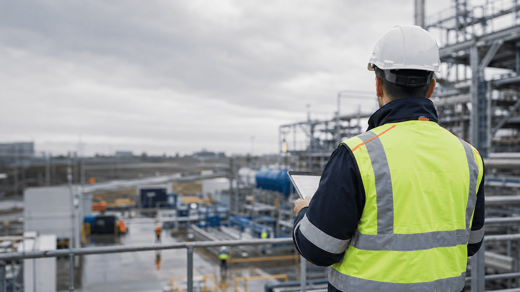 Veiligheidskundige met tablet op een industriële locatie