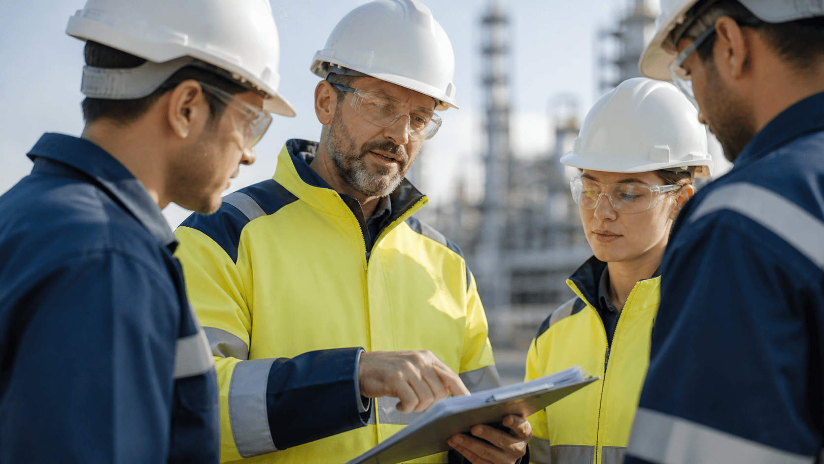 Veiligheidsteam bespreekt projectdocumentatie op een industriële locatie